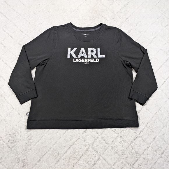 Karl Lagerfeld Sweatshirt Women's 1X Black Graphic Paris Embellished Crewneck - Picture 1 of 9